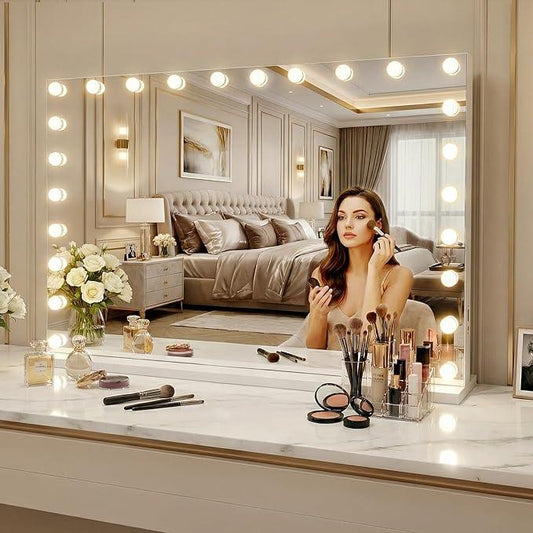 FENCHILIN Vanity Mirror with Lights 47'' x 35'' Tempered Glass Super Large Hollywood Mirror with 24 Dimmable Bulbs for Makeup Table/Hanging Bluetooth Speaker Mirror with Touch Screen & USB Charge Port - ModernBath