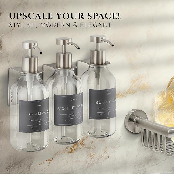 Shampoo & Conditioner Dispenser - Shower Soap Dispenser Wall Mounted - Set of 3 16.9 Oz Plastic Bottles with Pump & Holder - Shampoo Dispenser - Shower Dispenser Chamber No Drill (3 X Clear/Silver) - ModernBath