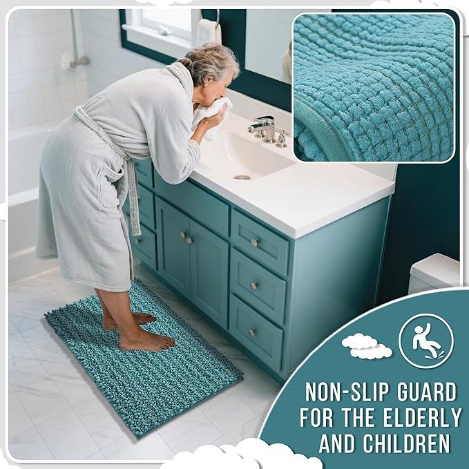 Yimobra Bathroom Runner Rug 55x24 Inch - Extra Long Non Slip Chenille Bath Mat, Soft & Absorbent, Machine Washable Shaggy Hallway Carpet for Vanity Tub Shower, Teal Blue Home Decor Accessories - ModernBath