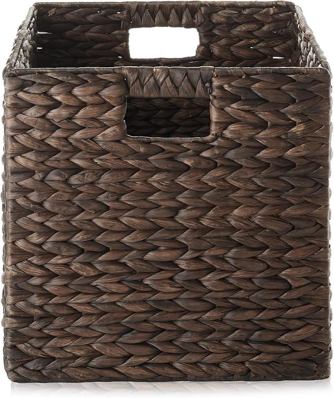 Casafield 12" x 12" Water Hyacinth Storage Baskets, Espresso - Set of 2 Collapsible Cube Organizers, Woven Bins for Bathroom, Bedroom, Laundry, Pantry, Shelves - ModernBath