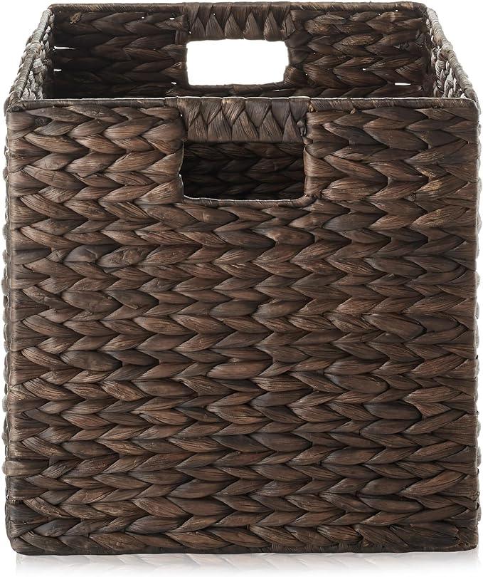 Casafield 12" x 12" Water Hyacinth Storage Baskets, Espresso - Set of 6 Collapsible Cube Organizers, Woven Bins for Bathroom, Bedroom, Laundry, Pantry, Shelves - ModernBath