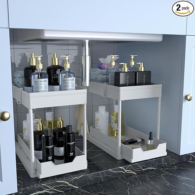 DEKAVA Cabinet, 2 Pack Under Sink Organizer, 2 Tier Sliding Bathroom Kitchen Organizer, Large White ABS Baskets, Easy Install & Clean - ModernBath
