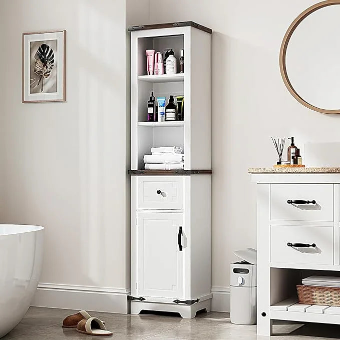 63 Inch Tall Corner Cabinet, Modern Corner Storage Cabinet with Door & Adjustable Shelves & Drawers, Anti-Tipping Free Standing Linen Tower for Bedroom, Bathroom, Kitchen, Pantry (White) - ModernBath