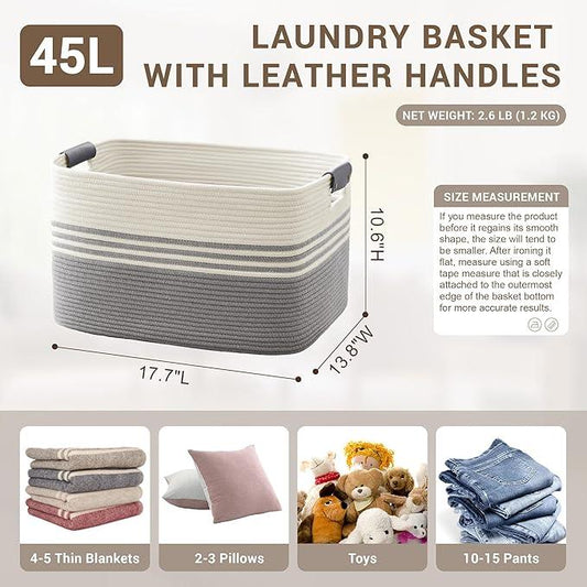 45L Small Laundry Basket with Leather Handles for Living Room Storage, Woven Rope Baskets Bin for Blanket, Kids Toy, Gifts, Wicker Hamper for Bedroom Dirty Clothes, 18"x14"x11" White Grey - ModernBath