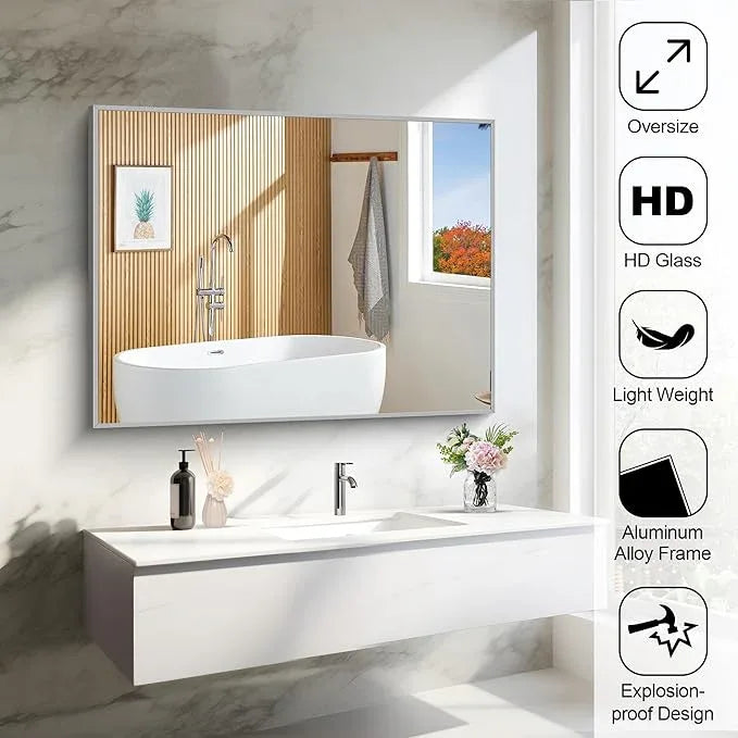 COFENY Silver Bathroom Mirror, 48"X36" Rectangle Mirrors for Wall Metal Frame, Bathroom Rectangular Mirror Modern Wall Mirror for Bedroom Living Room, Hangs Horizontal or Vertical - ModernBath