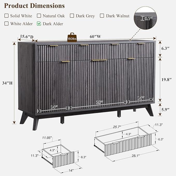 OKD Fluted Storage Cabinet with Drawers, 60" Morden Buffet Sideboard Coffee Bar Cabinet with 4 Doors and 3 Drawers for Dining Room, Living Room,Hallway (Dark Alder) - ModernBath