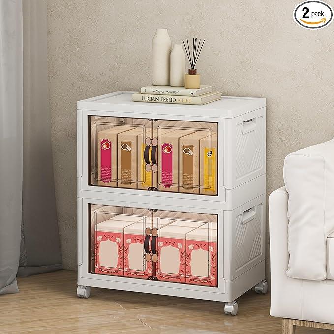 Storage Bins with Lids and Wheels, 90QT-45QT*2Tier Collapsible Bathroom Storage Cabinet with Clear Doors, Plastic Stackable Closet Organizers and Containers White - ModernBath