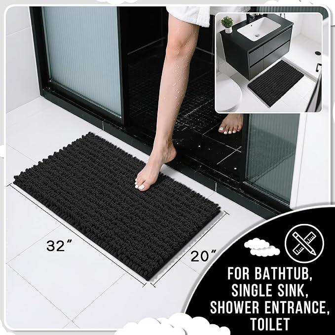 Yimobra Bathroom Rugs Non Slip Washable 32x20 Inch - Ultra Soft Absorbent Chenille Bath Mat, Quick Dry Shaggy Floor Carpet for Tub Shower, Black Home Decor Accessories - ModernBath