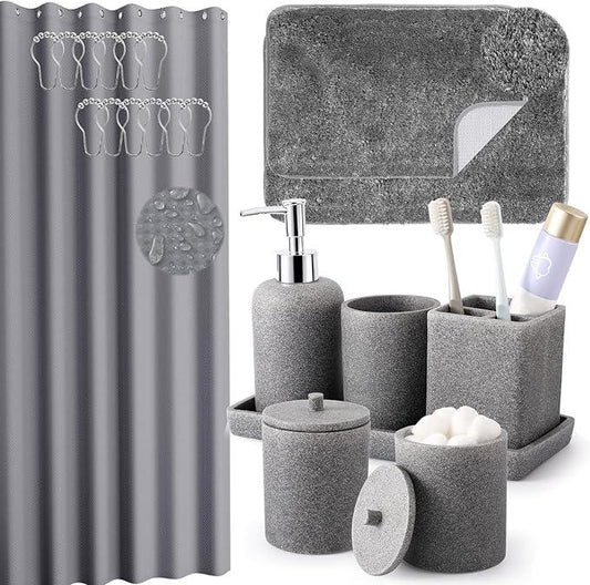 21 Pcs Bathroom Accessory Set with Waterproof Shower Curtain and Non Slip Mat,Resin Bath Set with Toothbrush Holder and Lotion Soap Dispenser,Bathroom Countertop Organizer Set for Home Apartment - ModernBath