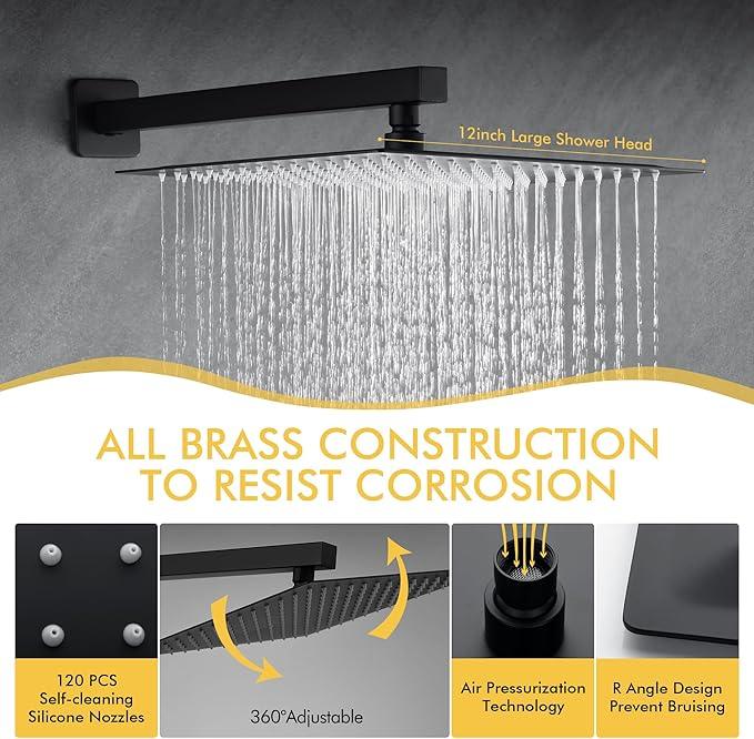 Fransiton 12 Inches Matte Black Shower System Rain Shower System Set Wall Mounted, Rainfall Shower Head with Handheld, Bathroom Shower Kit (Valve Included) - ModernBath