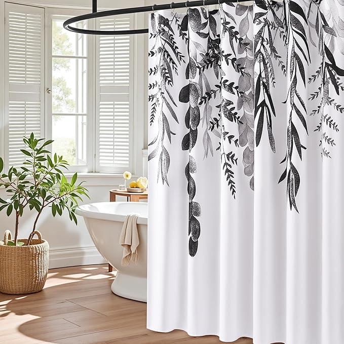 BOODII Black Plant Watercolor Shower Curtains 72 inches Long Floral Leaf Shower Curtain for Bathroom Botanical Leaves Black Eucalyptus Curtain Jungle Bathroom Decor 72x72 - ModernBath