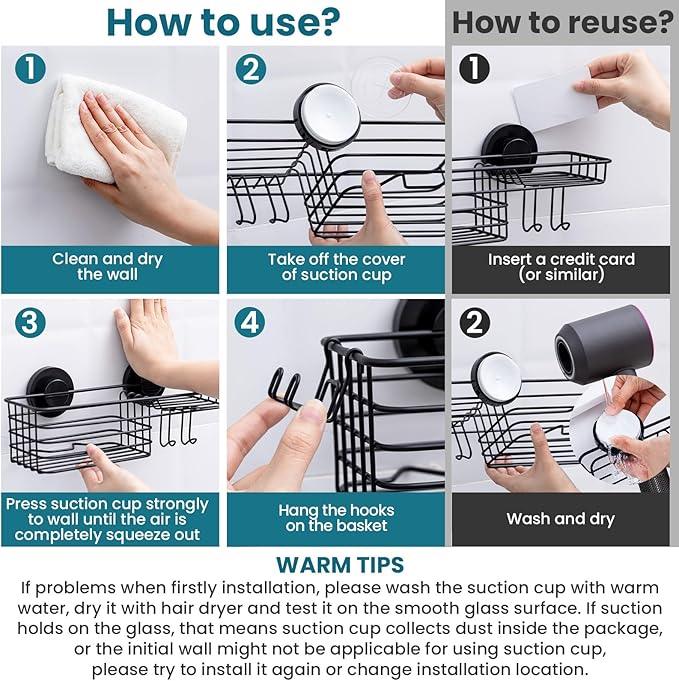 TAILI Shower Caddy Suction Cup with Hooks and Soap holder, Heavy Duty Bathroom Shower Organizer, No Drilling Bathroom Holder with Large Capacity, Metal Black Storage Basket - ModernBath