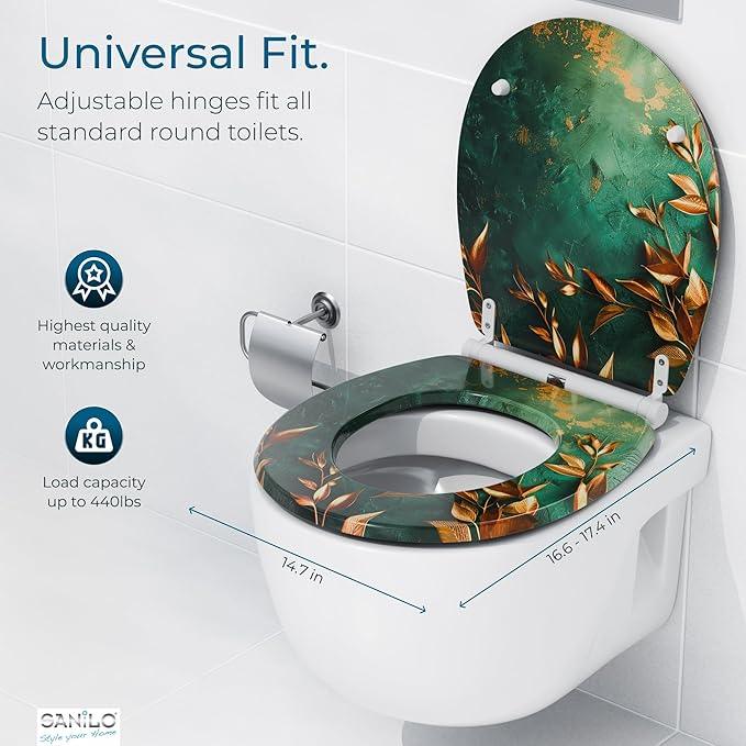 Sanilo Wooden Toilet Seat with Quick Release & Soft Close [ROUND] - Decorative & Slow Close Molded Wood Seat - With One Click for Easy Installation & Cleaning - With Adjustable Fit (Greego) - ModernBath