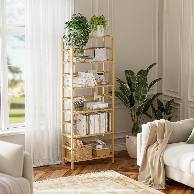 HITNET Bamboo Shelf, 6-Tier Adjustable Tall Open Bookcase, Bathroom Storage Rack Freestanding Shelving Unit, Plant Display Stand for Small Space, Natural - ModernBath