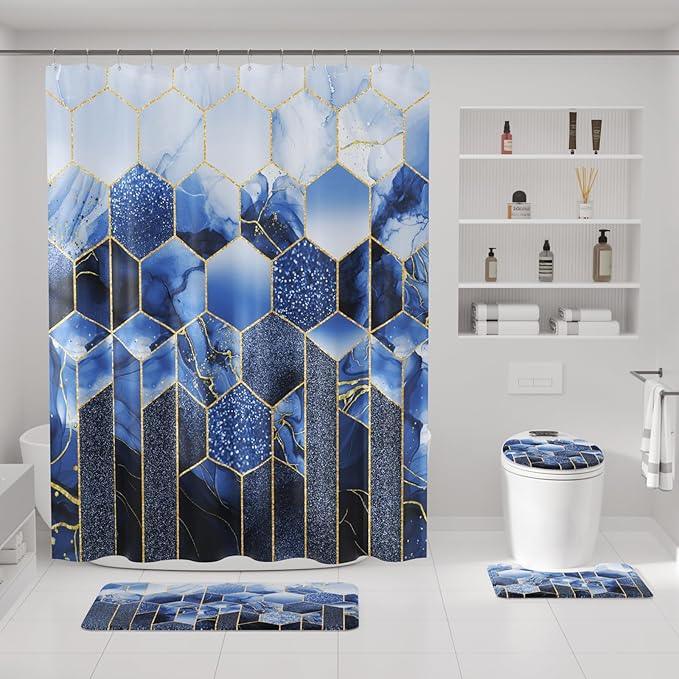 XLHOMO Bathroom Sets with Shower Curtain and Rugs - 4PC Navy Blue Geometric Shower Curtain Set with 12 Hooks, Toilet Cover, U-Shaped Mat and Rugs Modern Abstract Bathroom Accessories for Bathroom - ModernBath