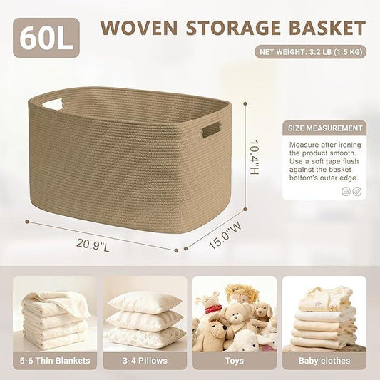 60L Small Wicker Laundry Basket for Living Room Storage,Boho Woven Cotton Rope Baskets for Kids Toy,Gifts,Square Blanket Hamper for Bedroom Dirty Clothes,Jute - ModernBath