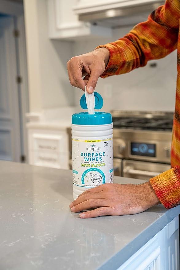 Juniper CLEAN 1 Pack Surface Cleaning Wipes with Bleach, All-Purpose Cleaner for Bathroom, Kitchen, Office, 75 Count Canister, 7.5" x 7" Sheet, Fresh Scent, Lint Free & Durable - ModernBath