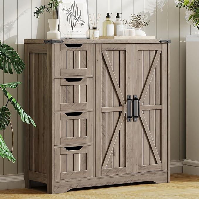 Vabches Farmhouse Bathroom Cabinet, Freestanding Storage Cabinet with 4 Drawers and 2 Doors, Rustic Storage Organizer with Adjustable Shelf for Bathroom, Living Room, Entryway, Grey - ModernBath