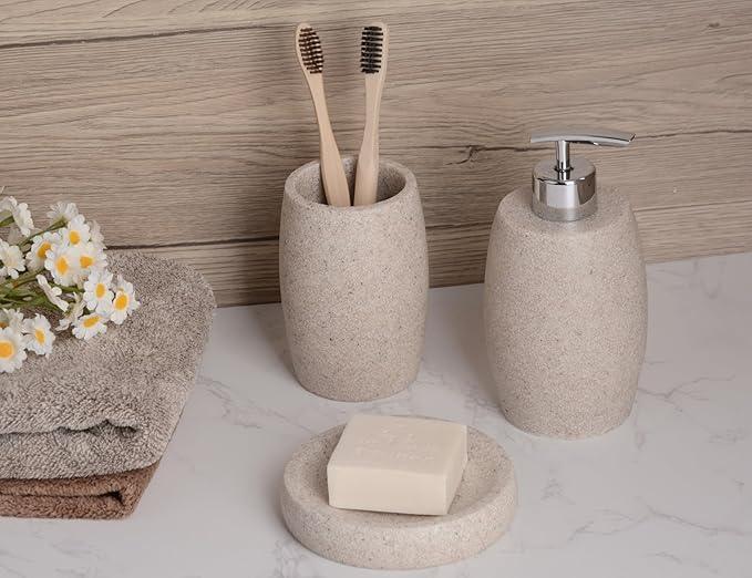 Clasin Home Beige Bathroom Accessories Set 3 PC, Resin Sandstone Look Soap Dispenser, Toothbrush Cup, Soap Dish, Bathroom Soap Dispenser Set for Home Decor and Kitchen - ModernBath