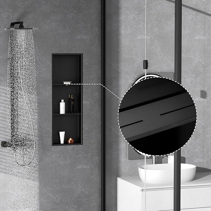 Qeke Stainless Steel Shower Niche 12" X 36", No Tile Needed Wall Niche Three-Tier, Recessed Shower Shelf for Bathroom Storage, Matte Black - ModernBath