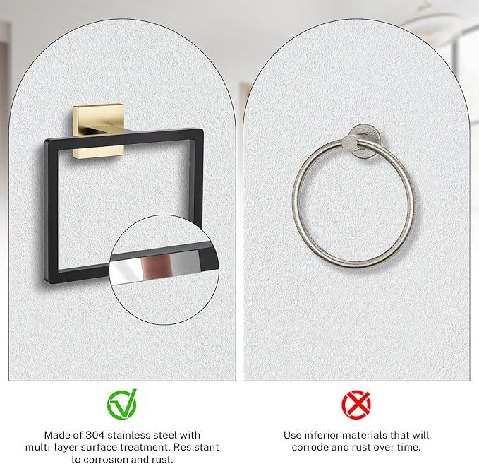 Black and Gold Towel Ring Square Hand Towel Holder Towel Hanger Bathroom Hardware Accessories Stainless Steel Wall-Mounted Towel Rack - ModernBath