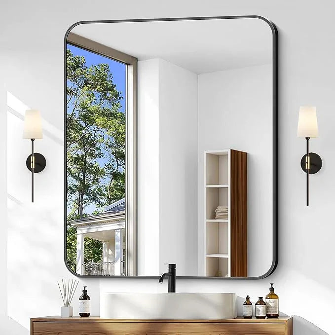 CIVENO Bathroom Mirror, 36 x 30 inch Metal Framed Black Rectangle Mirror, Rounded Corner Rectangular Vanity Mirror, Wall Mounted Mirror for Modern Bedroom Living Room Hangs Horizontal or Vertical - ModernBath