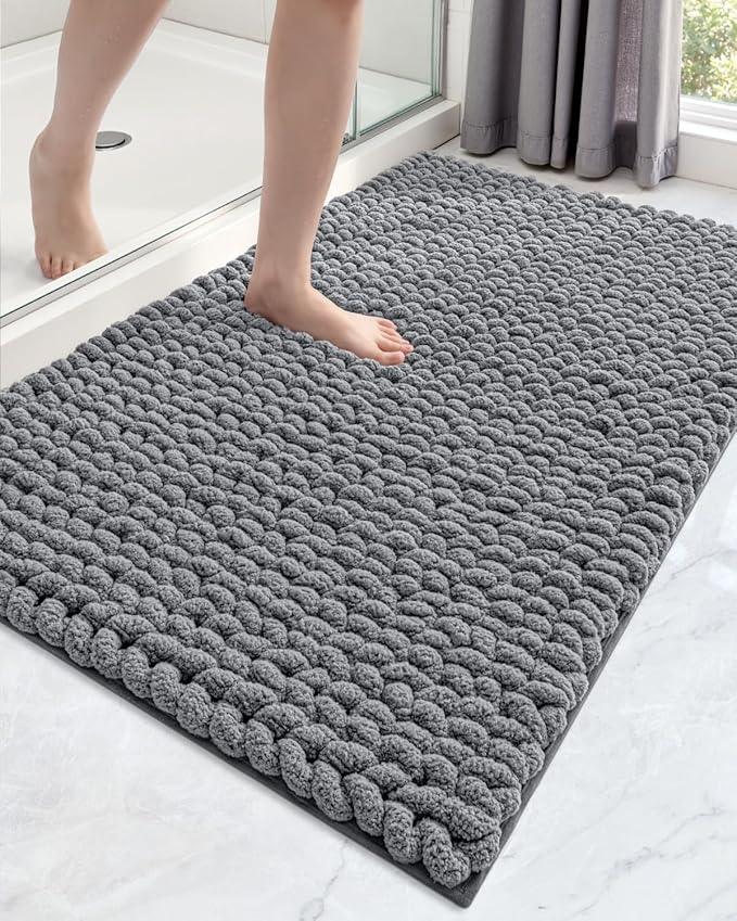 DEXI Bathroom Rugs 24x43, Non Slip Washable Bath Mat, Luxury Chenille Super Absorbent Ultra Thick Bathmats for Shower Floor, Plush Fluffy Shaggy Carpet for Tub, Dark Grey - ModernBath
