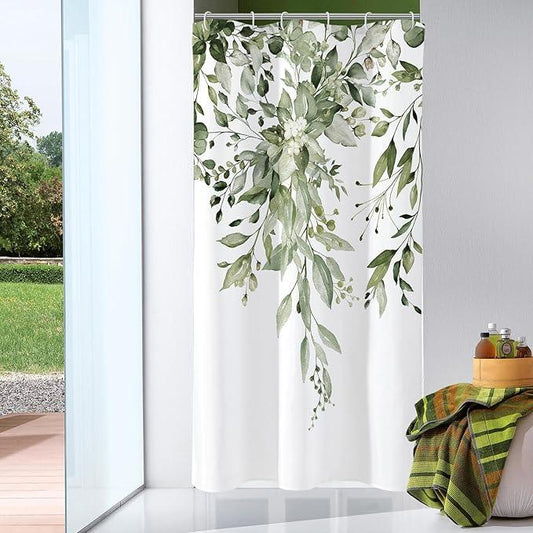Gibelle Small Stall Shower Curtain 36 x 72, Narrow Half Olive Green Floral Shower Curtain for Bathroom, Watercolor Plant Eucalyptus Leaves Fabric Shower Curtain Set - ModernBath