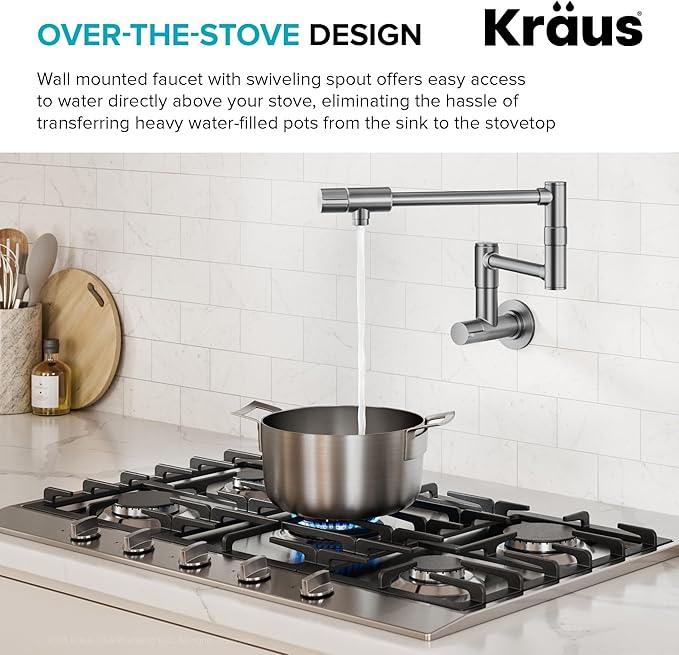 KRAUS Bolden 2 Handle Pot Filler Faucet with Retractable Arm, Wall Mount Kitchen Faucet, Pot Filler for Over Stove in Spot-Free Stainless Steel, KPF-5003SFS - ModernBath