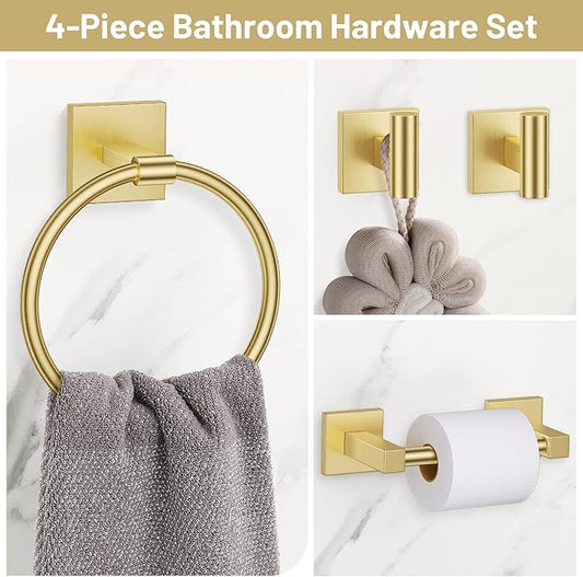 Towel Ring Set 4 Piece Bathroom Hardware Set Includes Towel Ring 2 Towel Hooks and Toilet Paper Holder Stainless Steel Wall Mounted (Brushed Gold)