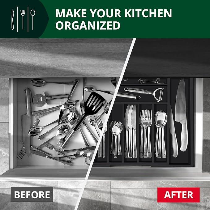 ROYAL CRAFT WOOD Luxury Bamboo Kitchen Drawer Organizer - Silverware Organizer - Utensil Holder and Cutlery Tray with Grooved Drawer Dividers for Flatware and Kitchen Utensils (9 Slot, Black) - ModernBath