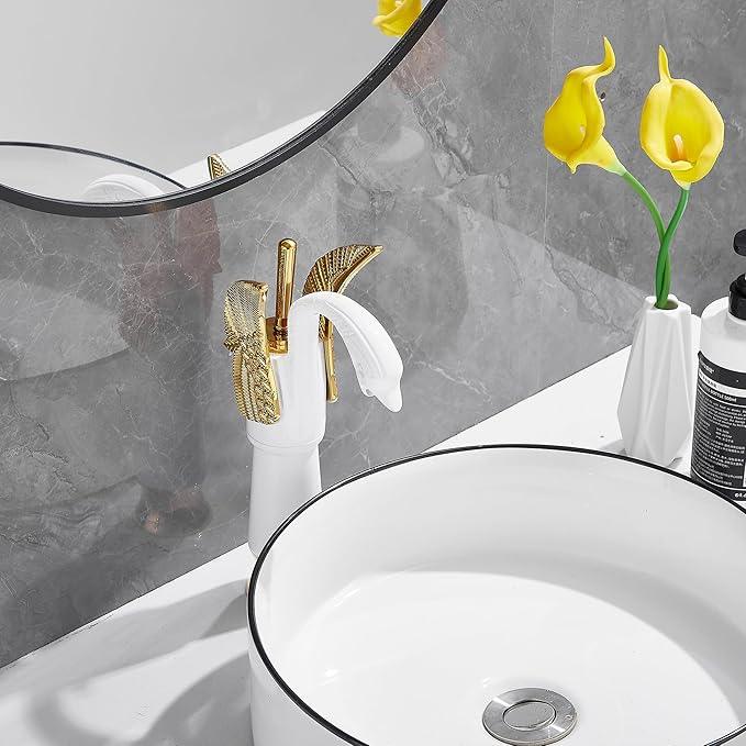 GGStudy Swan Shape Single Handle 1Hole Bathroom Vessel Sink Faucet Deck Mount Lavatory Sink Faucet Gold Mixed White - ModernBath
