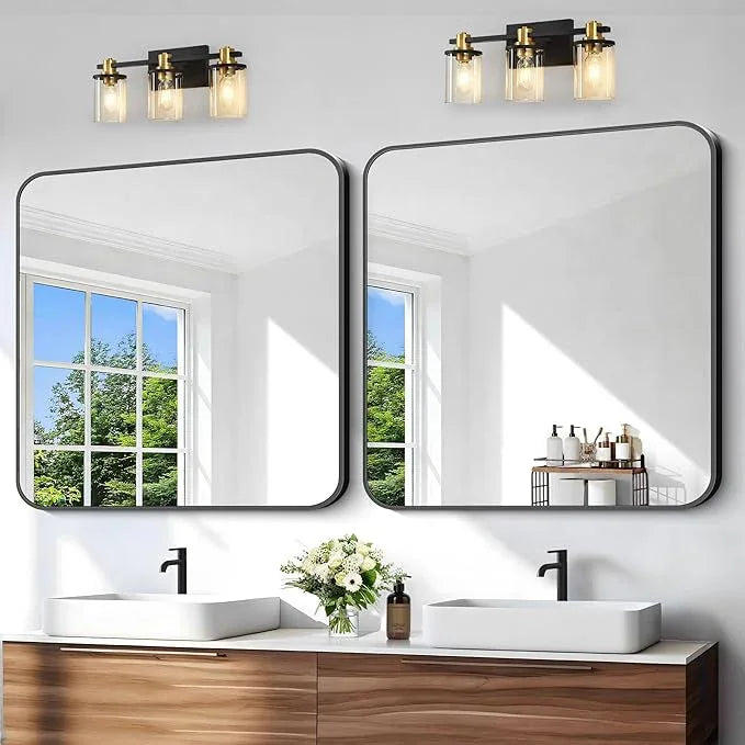 CIVENO Black Bathroom Mirror, 38x40 inch Aluminum Metal Frame Rectangular Vanity Mirror, Large Wall Mounted Rectangle Mirrors with Rounded Corner for Over Sink Bedroom Living Room Horizontal/Vertical - ModernBath