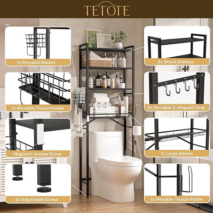 TETOTE Over Toilet Bathroom Organizer, 4-Tier Bathroom Over The Toilet Storage with Adjustable Shelf and Basket, Freestanding Space Saver Bathroom Shelves Above Toilet for Room(Black) - ModernBath