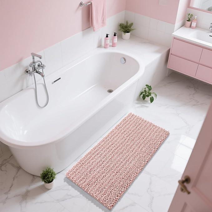 Yimobra Long Bathroom Rugs Non Slip Washable 44x24 Inch - Ultra Soft Absorbent Chenille Bath Mat, Quick Dry Shaggy Floor Carpet for Tub Shower, Light Pink Home Decor Accessories - ModernBath