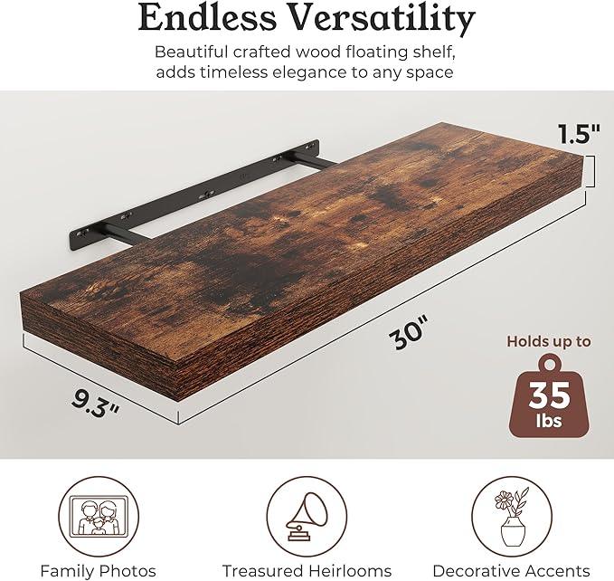 Floating Shelves for Wall, Wall Mounted Rustic Wood Shelves for Bathroom, Bedroom, Living Room, Kitchen, Hanging Shelf for Books/Storage/Room Decor (Brown, 30") - ModernBath