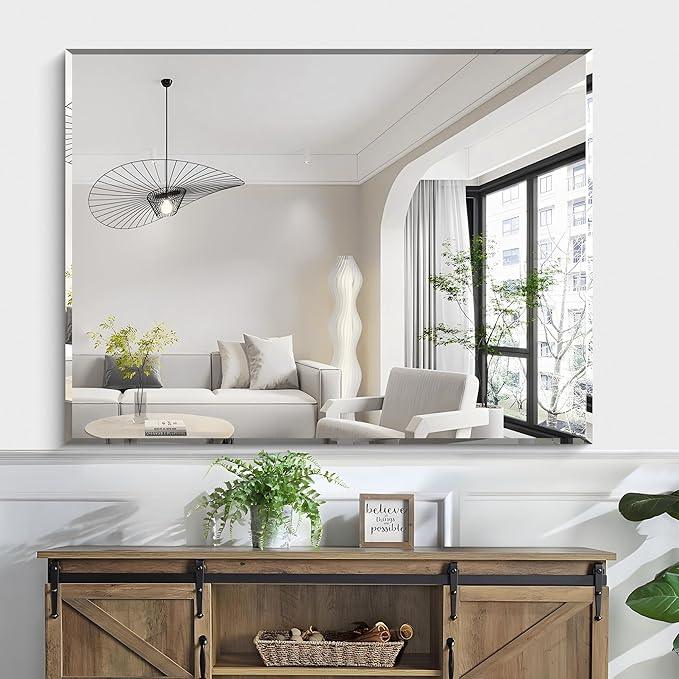 KOCUUY Beveled Mirror, 48x36 Inch Large Frameless Bathroom Mirror for Over Sink, Upgraded Shatterproof Beveled Unframed Design Mirror for Bathroom, Bedroom, Hang Horizontal/Vertical - ModernBath