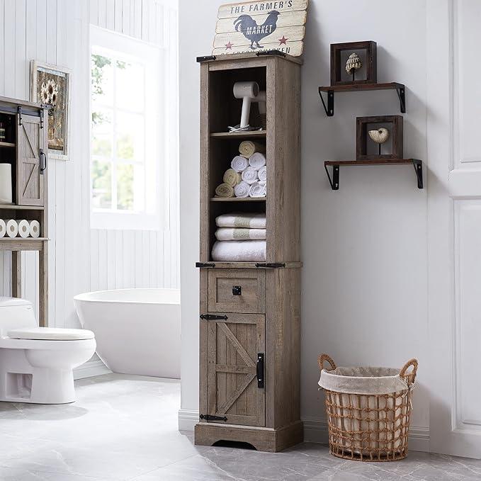 RedLemon Farmhouse Slim Bathroom Storage Cabinet, 68" Tall with Drawer & Adjustable Shelves, Rustic Narrow Storage Cabinet for Living Room, Bathroom, Kitchen, Light Rustic Oak - ModernBath