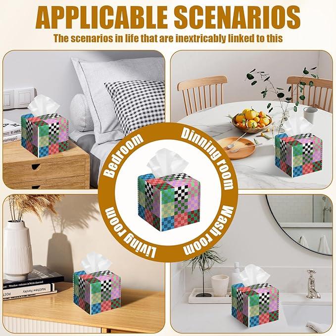 Colorful Checkered Tissue Box Cover 2PCS, Leather Tissue Box Holder Square Facial Paper Case Tissue Box Cube Organizer for Bathroom Bedroom Desk Office - ModernBath