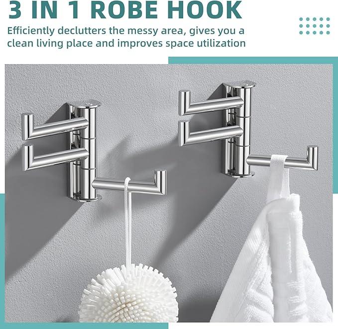 APLusee Polished Chrome Swivel Towel Hook 2 Pack, 304 Stainless Steel Coat Hook with 3 Arms, Wall Mounted - ModernBath