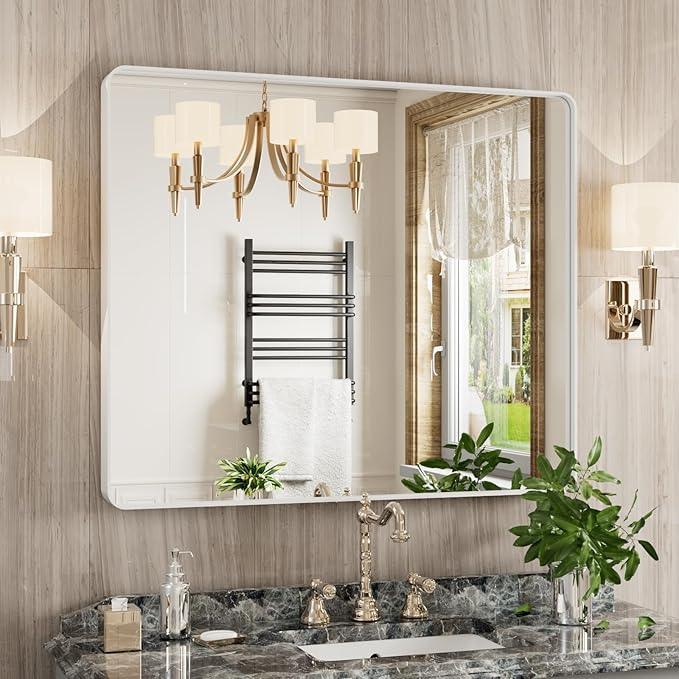 JISOSO White Bathroom Mirror 30x36 Inch, White Metal Framed Bathroom Mirror for Wall, Rounded Rectangle Matte Bathroom Vanity Mirror, Tempered Glass, Anti-Rust, Horizontal/Vertical - ModernBath
