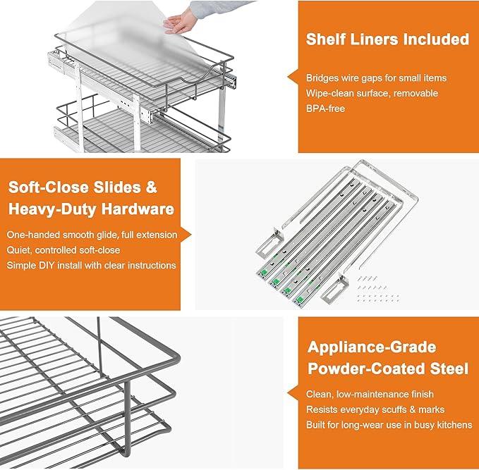 ALINE FURNITURE 2-Tier Pull Out Cabinet Organizer - 17" W x 22" D Soft Close Pullout Shelves with Shelf Liners - Slide Out Drawers for Kitchen Cabinets, Pantry, Bathroom, Heavy Duty Steel Wire Baskets - ModernBath