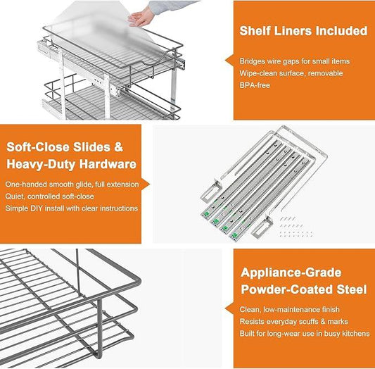 ALINE FURNITURE 2-Tier Pull Out Cabinet Organizer - 11" W x 22" D Soft Close Sliding Shelves with Shelf Liners - Pullout Drawers for Kitchen Cabinets, Pantry, Bathroom, Heavy Duty Steel Wire Baskets - ModernBath