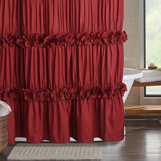 Homechoice Decor Burgundy Ruffle Shower Curtain, Vintage Handcrafted Bow Tie Bath Curtain for Master Bathroom, Ruched Microfiber Bathroom Curtain with 12 Buttonholes, 72" W x 72" H (LQ-10) - ModernBath
