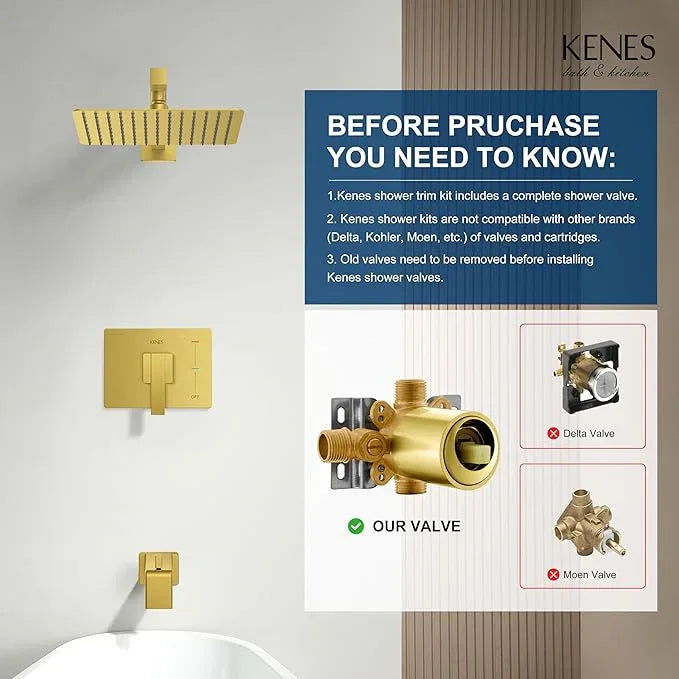 KENES Brushed Gold Tub and Shower Trim Kit, Square Tub Shower Faucet Set Complete with 10-Inch Rainfall Shower Head and Tub Spout, KE-6024A-4 (Shower Valve Included) - ModernBath