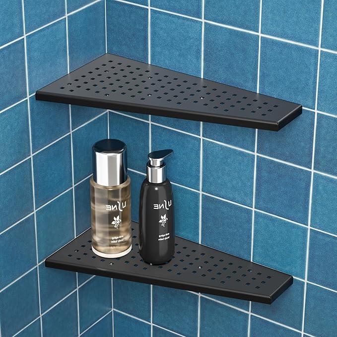 Corner Shower Shelf 2PCS, Trapezoid Bathroom Shelves 12'' for Tiled Wall, 304 Stainless Steel Grout in Shelf, No Drilling Needed (Black) - ModernBath