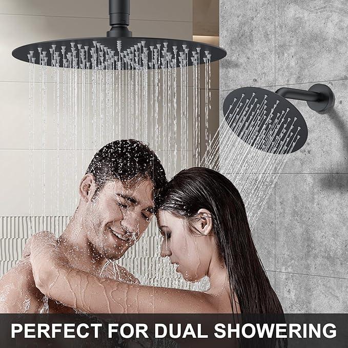 KOJOX Matte Black Thermostatic Shower System, Push Button Diverter Shower Faucet Set with 12" Ceiling Mount Rain Shower, 8" Wall Mount Shower Head, and 3-in-1 Handheld Spray - ModernBath
