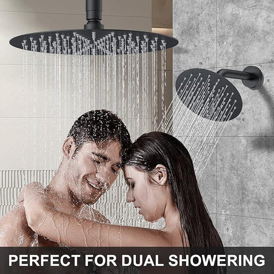 KOJOX Matte Black Thermostatic Shower System, Push Button Diverter Shower Faucet Set with 12" Ceiling Mount Rain Shower, 8" Wall Mount Shower Head, and 3-in-1 Handheld Spray - ModernBath