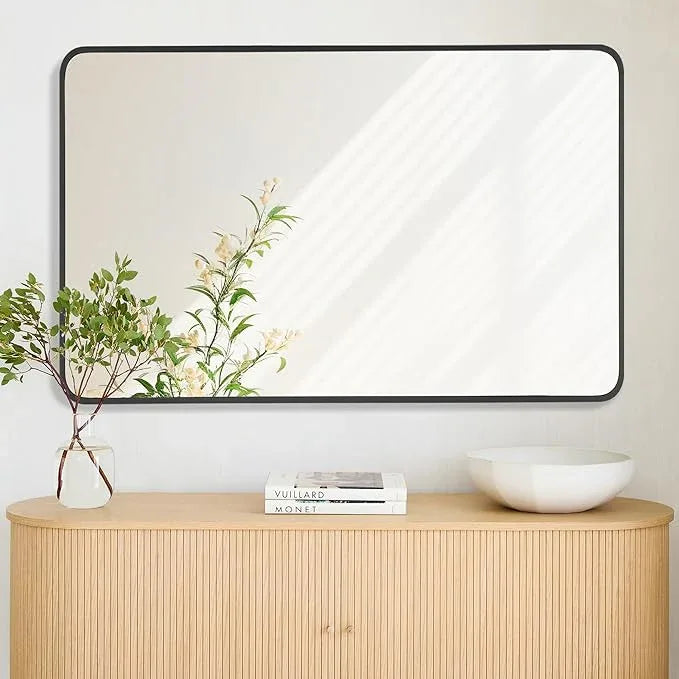 Bonverre 27x40 Inch Rectangle Bathroom Mirror with Black Metal Frame, Rounded Corner Rectangular Vanity Mirror for Wall, Modern Large for Bedroom, Living Room, Horizontal or Vertical - ModernBath