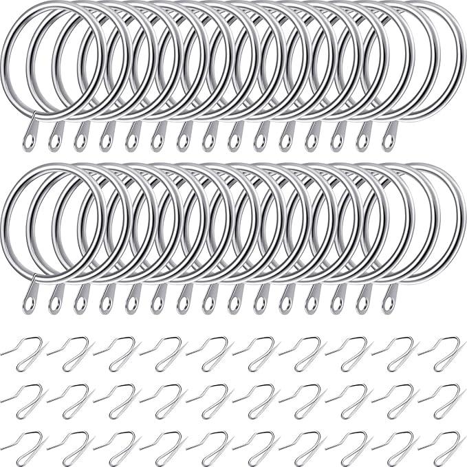 Hotop 30 Pcs Metal Drapery Curtain Rings 0.98/1.26/1.65 inch Interior Diameter and 30 Pcs Hanging Curtain Drapery Pin Hooks for Window Door Shower(Silver,42 mm) - ModernBath